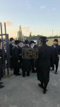 The Toldos Aharon Rebbe Shlit"a wishing Hagaon Hechasid R' Yosef Chaim Greenwald Shlit"a "gepoilt alles guts" after the Hisorerus Rachamim gathering at the tziyon in Liska