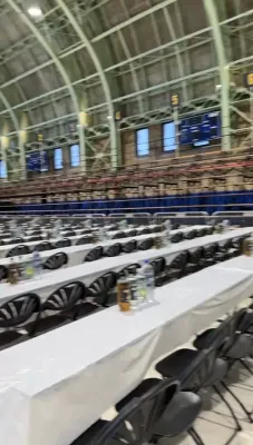 Preparations are underway for the Chuf Alef Kislev Seudah Hodah celebration at the Crown Heights Armory.