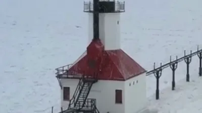 Drone Footage Reveals Frozen Lake in Michigan after days of winter storm