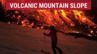 Brave Skiers took a run down in a Lava and Snow on Etna