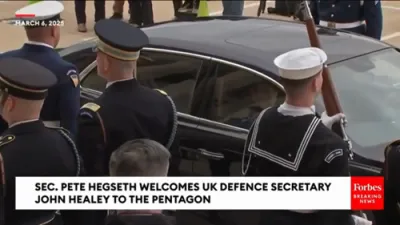 JUST IN: Sec. Pete Hegseth Welcomes UK Defence Secretary John Healey To The Pentagon