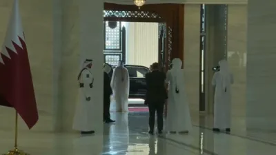 President Trump Honors National Anthem at Amiri Diwan. 