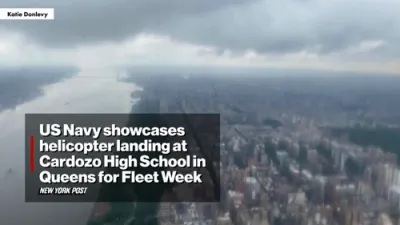 US Navy Helicopter Lands at NYC High School. 