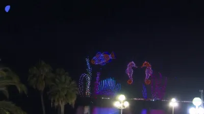 Dazzling Drone Show of Marine Life Lights Up Nice Sky. 