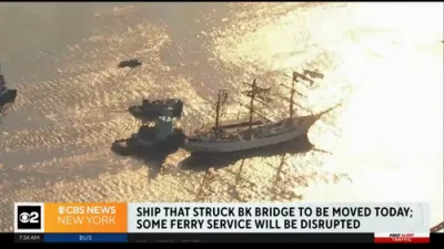 Mexican Navy Ship That Struck Brooklyn Bridge Towed for Repairs. 