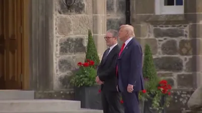 President Trump Welcomes UK PM Starmer to Trump MacLeod House with Bagpipe Ceremony. 