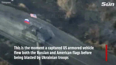 Ukraine Destroys Russian Vehicle Flying U.S. Flag.