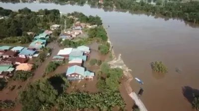 Flood Barriers Collapse, and Central Thailand Villages Submerged by The River.