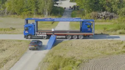 Daring Mountain Bike Stunt Sees Athlete Clear Two Autonomous Trucks.