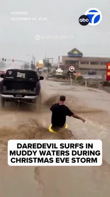 Holiday Stunt Turns Risky as Man Rides Floodwaters in Hesperia.