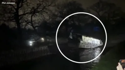 Dramatic Footage Shows Canal Boat Falling Into Shropshire Sinkhole.