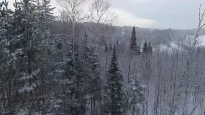 Drone Footage Shows Snow-Covered Trees in Vermont.