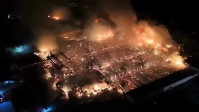 Drone Footage Shows Massive Fire engulfing Virginia Timber Plant. 