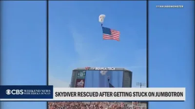 Skydiver Crashes Into Scoreboard At Virginia Tech Spring Game Stadium.