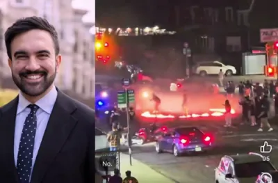 Chaotic Scene In Queens As Mob Blocks Intersection With Ring Of Fire And Car Drifts Nearby.