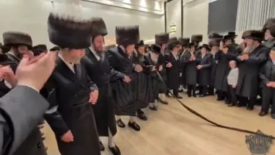 Satmar Rebbe Shlit"a at Wedding of R' Moshe Eliyahu Ostreicher HY"V, CEO of Kiryas Joel Mosdos. The Rebbe drank L'chaim, recited Sheva Brachos, and danced Rikudei Mitzvah before the Kallah in Ateres Malka Hall. Also seen...