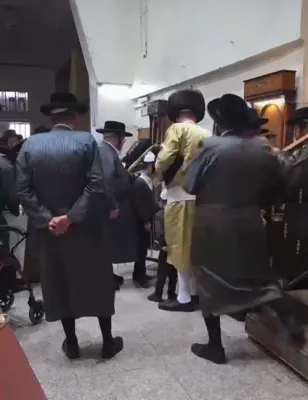 The Toldos Aharon Rebbe Shlit"a Today at a Bris for the Son of One of His Chassidim