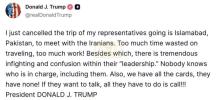 טראמפ זאגט אז אמעריקע האט די קארטלעך און אויב איראן וויל פארהאנדלען זאלן זיי רופן אויפן טעלעפאן, ער האט געקענסעלד די טריפ פון וויטקאף און קושנער קיין פאקיסטאן 