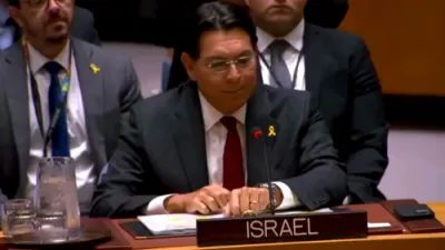 איזראעלי אמבאסאדאר דני דנון רעדט אין די יו ען וועגן די חאמאס ליגנטס