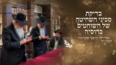 בית דין פון הגאון רבי בערל לאזאר שליט"א ביים איבערקוקען די מעסערס פון די שוחטים אין רוסלאנד 