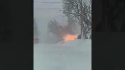 א בוים איז איינגעפאלן און האט געמאכט א פייער אין ראוד איילענד בשעת א שניימשטורעם.