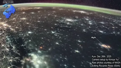 ISS ווידעא כאפט אם רוסלאנד'ס מאסיווע קיעוו ראקעט אטאקע.