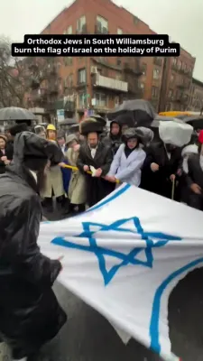 מען פארברענט די ציוניסטישע פאן פורים אין וויליאמסבורג 