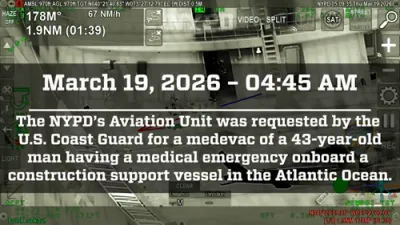 א קראנקער מענטש איז ארויסגעראטעוועט געווארן פון א שיף אינמיטן ים דורך א ניו יארקער פאליציי העליקאפטער, און איז אפגעפירט געווארן צו א דערנעבנדיגע שפיטאל.