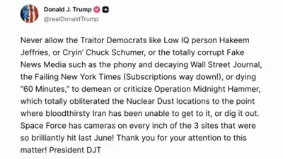 טראמפ רייסט אראפ די דעמאקראטישע פירערשאפט, און רעדט פון די אויפטואונגען ביי אפעראציע מידנייט העמער אין איראן צוריק אין יוני