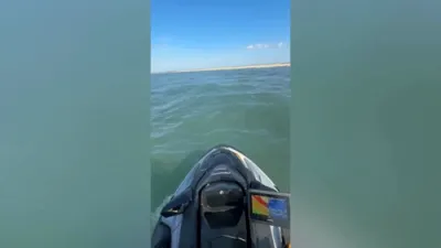 א פיש כאפער פון נארט קאראליינע, ברעט בארלי, איז געראטעוועט געווארן פון א שרעקעדיגע סצענע נאכן ווערן ארומגערינגלט דורך א מחנה מיט שארקס .