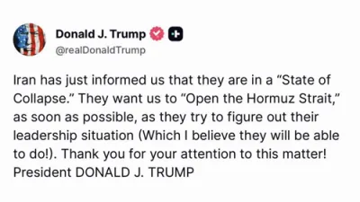 טראמפ: איראן זאגט אז זי איז אין א "צושטאנד פון צוזאמענברוך" און זוכט צו צוריק עפענען דעם הארמוז צוליב א פירערשאפט קריזיס.