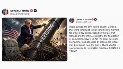 קיסטאון XL: טראמפ שטעלט צוריק די פייפליין בשעת ער לייגט א פויזע אויף די קאנאדע טאריפס פאר דריי טעג.