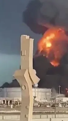 מאסיווע פייער ברעכט אויס ביי ענערגיע איינריכטונגען נאך מיסל און דראון אטאקעס פון תימן
