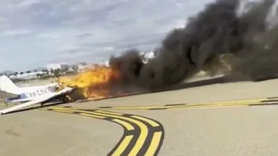 טראגעדיע אויפן ראנוועי: צוויי אומגעקומען ווען א סקייהאק פליגער קראכט און גייט אויף אין פלאמען אין דרום קאליפארניע