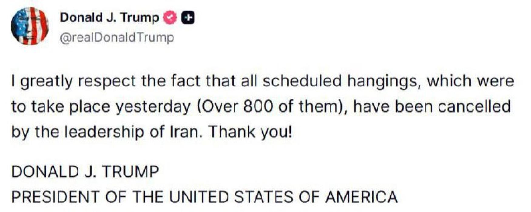 פרעזידענט טראמפ באדאנקט זיך פאר די רעזשים אין אירא