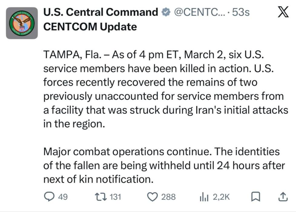 פריש: סענטקאום (CENTCOM) מעלדט אז די צאל אומגעקומע