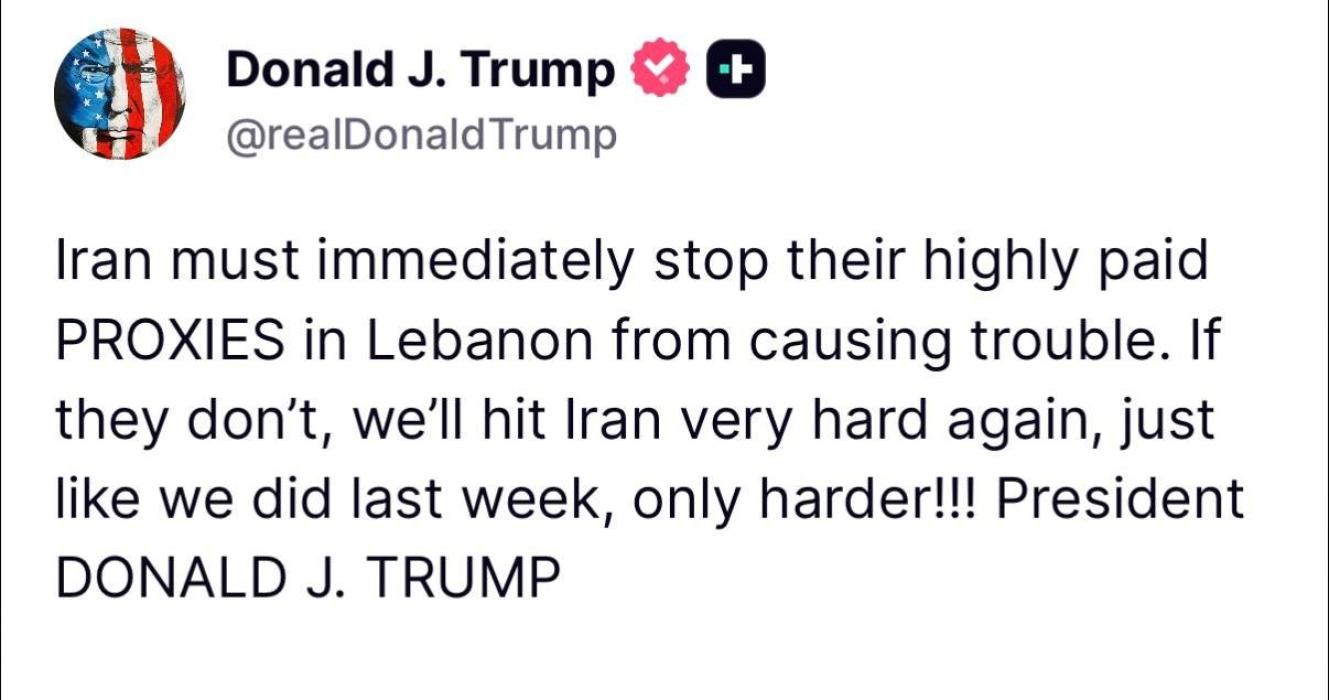 פרעזידענט טראמפ זאגט אז איראן מוז אפשטעלן אירע טער