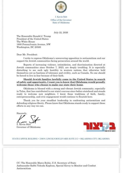 קעווין סטיט, דער גאווערנאר פון אקלעהאמע, האט אפגעש